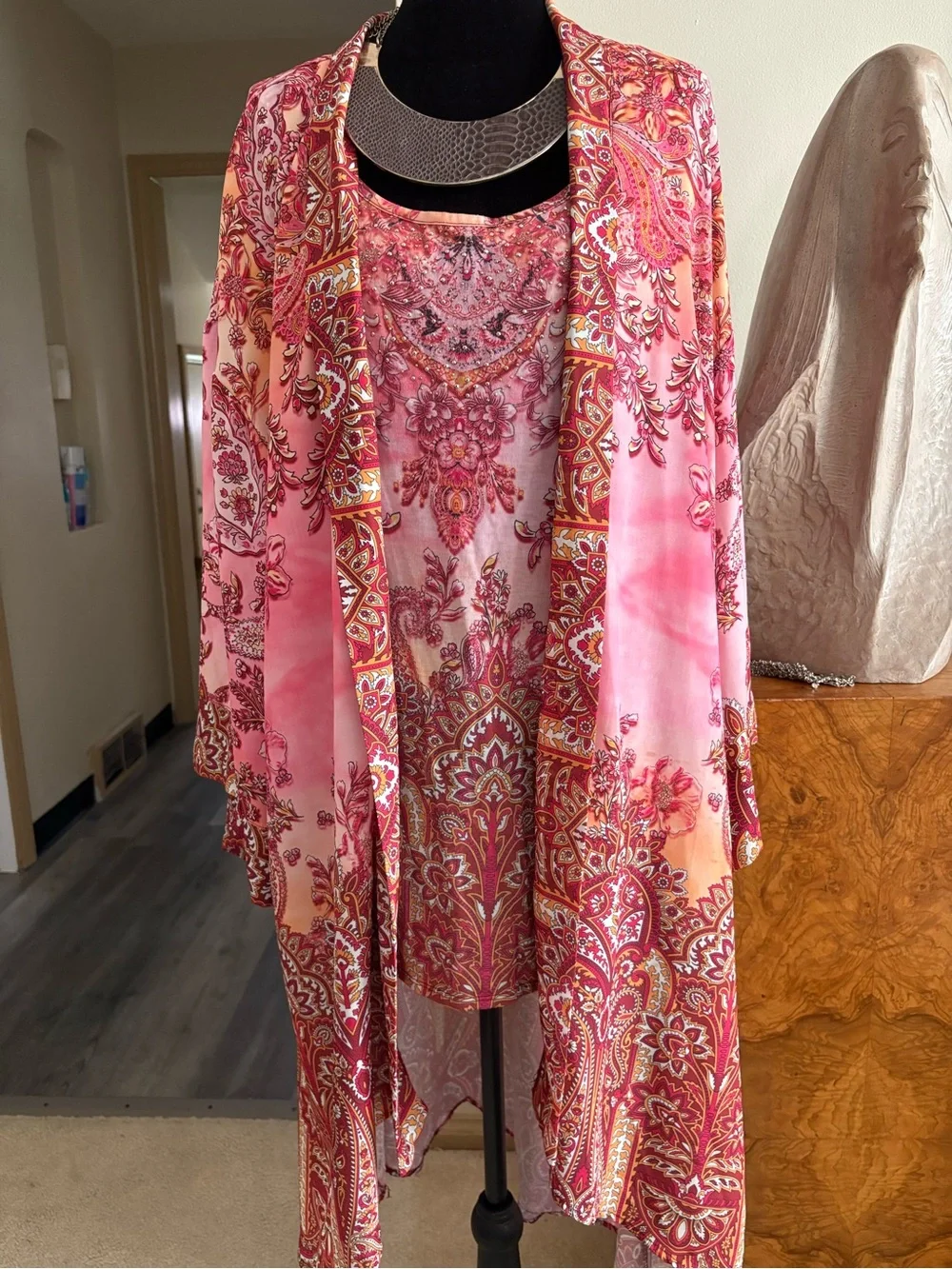 Pink Paisley Layered Kimono and Tank Set